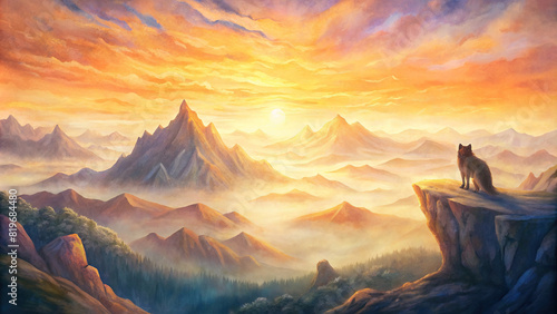 A breathtaking vista of a mountain range bathed in the golden light of sunrise, with a lone wolf surveying the landscape from a rocky perch photo