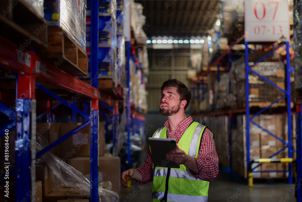 Smart caucasian man warehouse worker wearing safety vests checking inventory stock online information with tablet in Logistic or distribution center.Inspecting products before delivering to customers