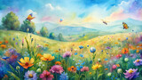 A close-up of a vibrant field of wildflowers, alive with bees and butterflies flitting from bloom to bloom, against a backdrop of rolling hills and a clear blue sky