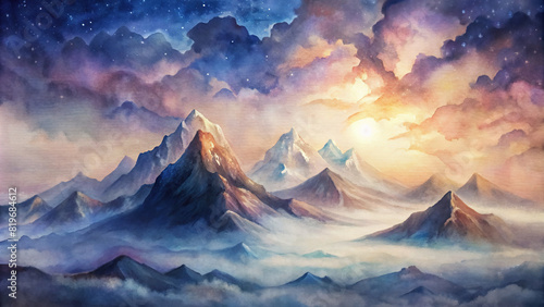 Towering mountains rise majestically in the distance, their peaks obscured by wisps of ethereal clouds against a watercolor sky.