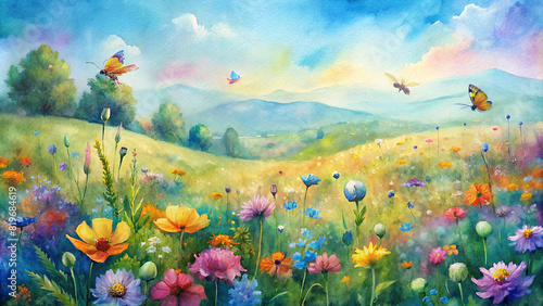 A close-up of a vibrant field of wildflowers  alive with bees and butterflies flitting from bloom to bloom  against a backdrop of rolling hills and a clear blue sky