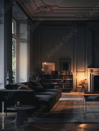 Beautiful room with furniture in low light and window