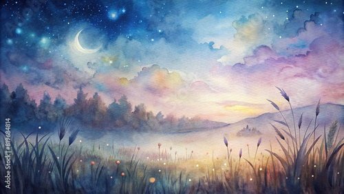 A dreamy meadow landscape at twilight, with fireflies dancing among tall grass and a crescent moon illuminating the watercolor sky photo