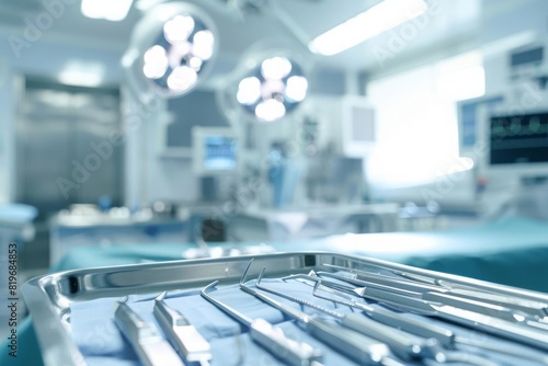 Sterile surgical instruments on a tray with a blurred modern operating room in the background photo