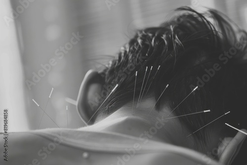 A calm young woman receiving acupuncture with a closeup on her upper back and the needles creating a pattern for therapeutic effect photo