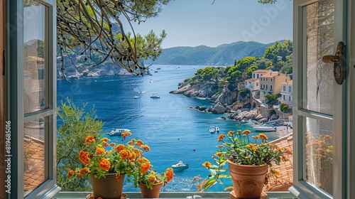 Mediterranean scene framed by an open window: a tranquil harbor, colorful fishing boats, and sun-drenched cliffs