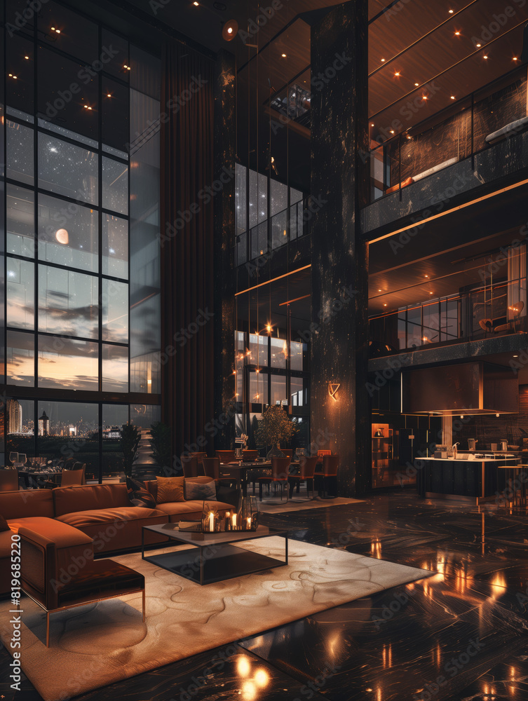 huge room with panoramic window in the evening huge room with panoramic window in the evening