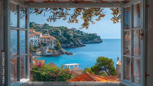 Mediterranean scene framed by an open window: a tranquil harbor, colorful fishing boats, and sun-drenched cliffs photo