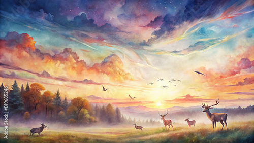 Full-wall mural of a breathtaking sunset over a vast meadow, with silhouettes of grazing deer and birds flying against a colorful sky 