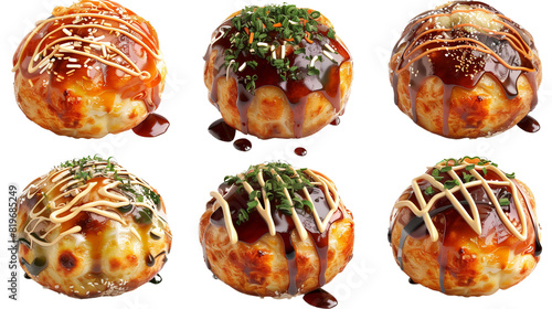 Baked Takoyaki collection in 3d, two rows for product presentation transparent background