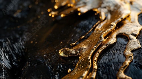 A bold abstract where gold paint is poured over a dark surface  creating a striking contrast as the gold streams and pools  giving a dramatic visual effect. 