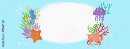 Children's background with sea animals seaweed and coral. Octopus, starfish and seahorse will be cute helpers for your creative projects. Vector banner invitation congratulations holiday banner kids