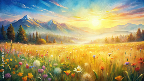 A serene meadow bathed in golden sunlight, with wildflowers swaying gently in the breeze against a backdrop of distant mountains and a blue sky  photo