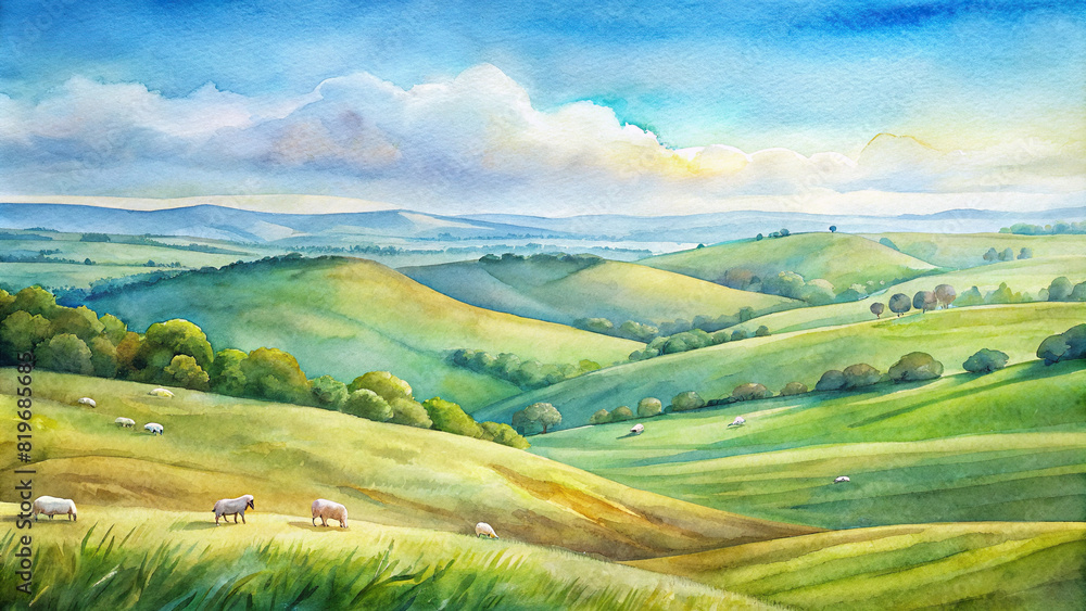 Panoramic view of a picturesque countryside landscape with rolling hills, grazing sheep, and a clear blue sky 