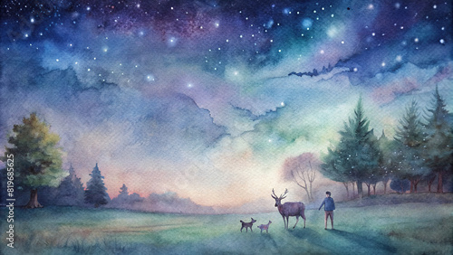 Tranquil watercolor illustration of a meadow at twilight  with a family of deer grazing peacefully beneath a canopy of stars.