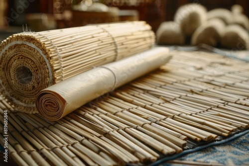A bamboo mat rolled halfway with acupuncture needles neatly arranged blending tradition with modern practice