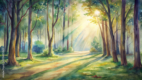 Watercolor painting of a tranquil forest glade with sunlight streaming through the trees  casting dappled shadows on the forest floor 