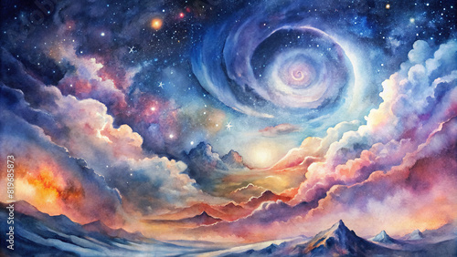 Abstract watercolor artwork of a dreamy celestial landscape with swirling galaxies, nebulae, and stars against a deep blue backdrop 