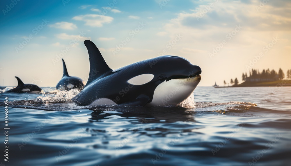 Obraz premium Groups of Orcas or killer whales swim and hunt for prey, the top of the food chain in a sea of ​​ice floes