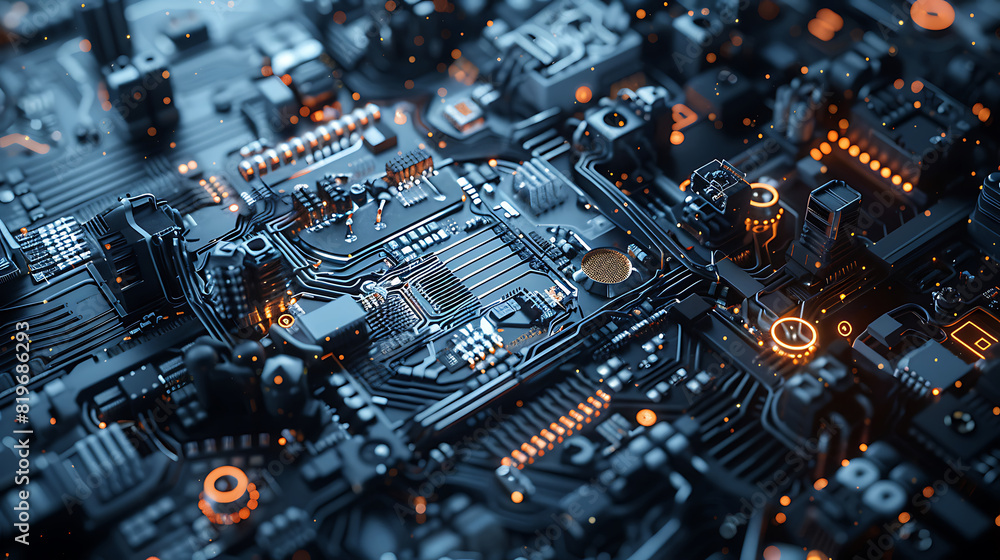 A close-up of a computer circuit board showcasing various electronic components A close-up of a computer circuit board showcasing various electronic components