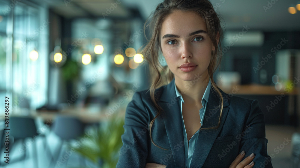 A confident businesswoman standing in a modern office, arms crossed, exuding leadership and determination.