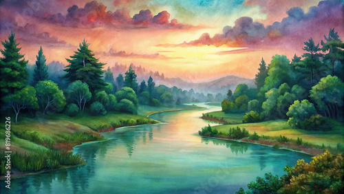 A tranquil river winds its way through a lush forest, its surface reflecting the verdant canopy above and the brilliant hues of a sunset sky. photo