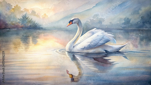 Delicate watercolor painting depicting a serene scene of a swan gliding gracefully across a glassy lake  its reflection shimmering in the calm waters below