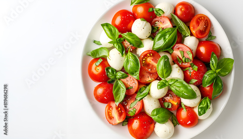 Plate of tasty salad Caprese with tomatoes, mozzarella balls and basil isolated on white, top view