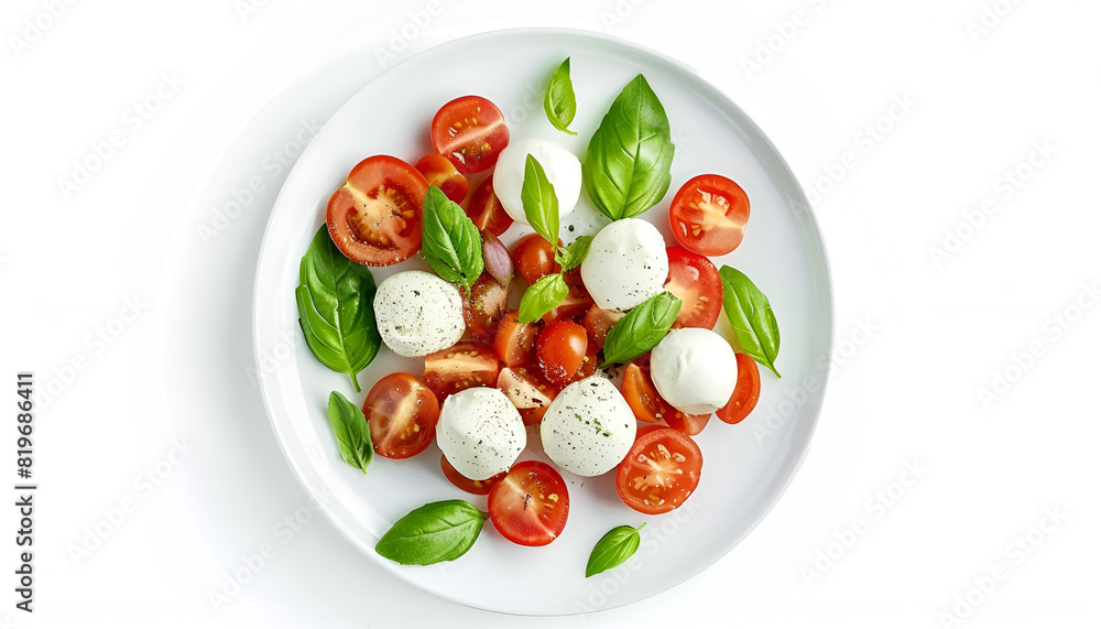 Plate of tasty salad Caprese with tomatoes, mozzarella balls and basil isolated on white, top view Plate of tasty salad Caprese with tomatoes, mozzarella balls and basil isolated on white, top view