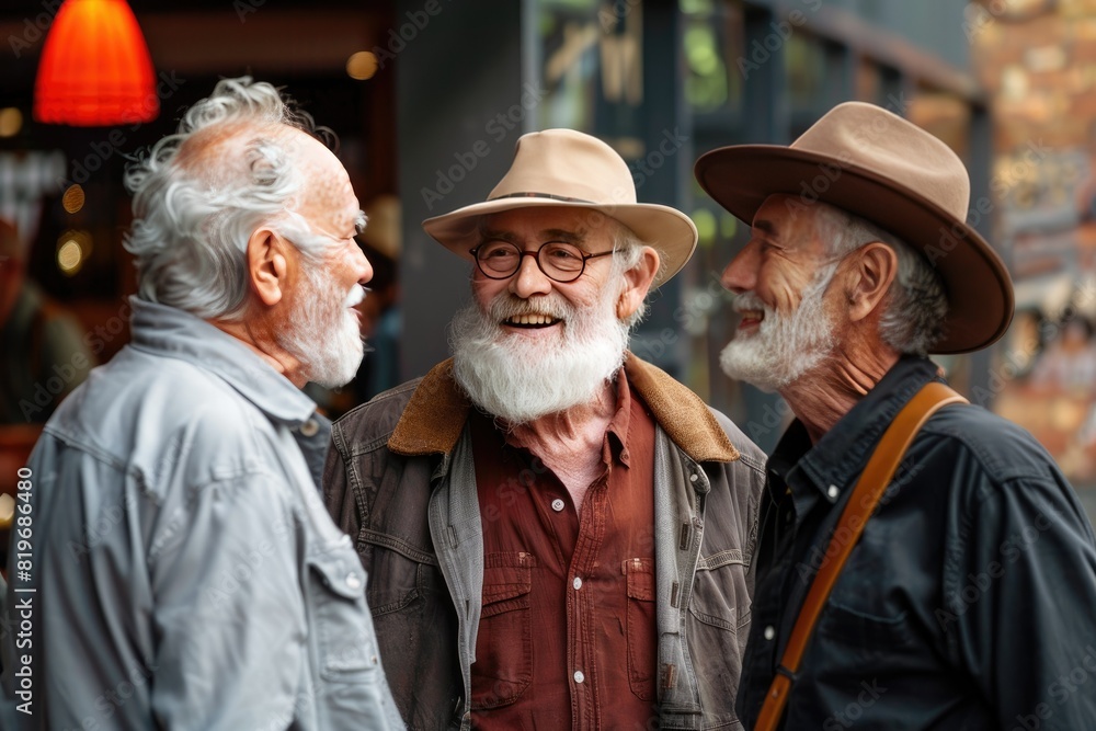 Three men are standing next to each other, their expressions filled with joy and camaraderie.
Three men are standing next to each other, their expressions filled with joy and camaraderie.