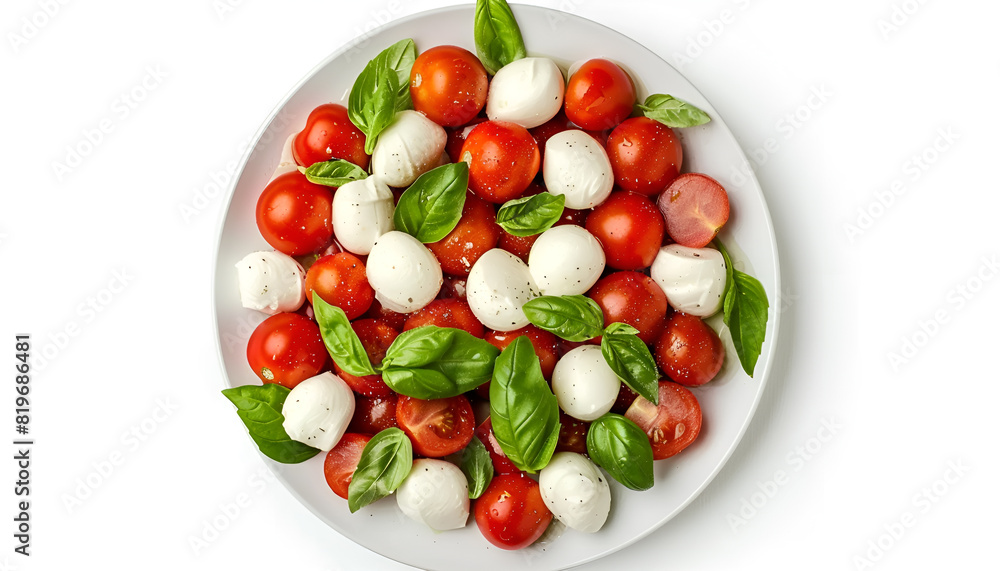 Plate of tasty salad Caprese with tomatoes, mozzarella balls and basil isolated on white, top view Plate of tasty salad Caprese with tomatoes, mozzarella balls and basil isolated on white, top view