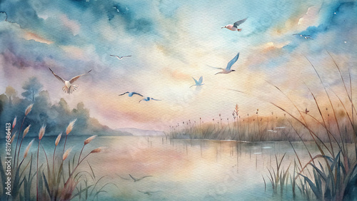 A charming illustration of a flock of birds soaring gracefully over a tranquil lake, with reeds swaying in the gentle breeze