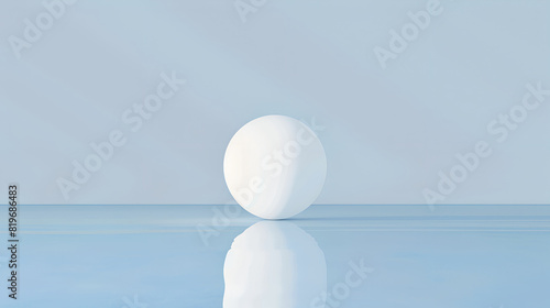 A minimalist design featuring a smooth white sphere resting on a reflective blue surface  with a matching blue background. The serene and balanced composition highlights the sphere s purity