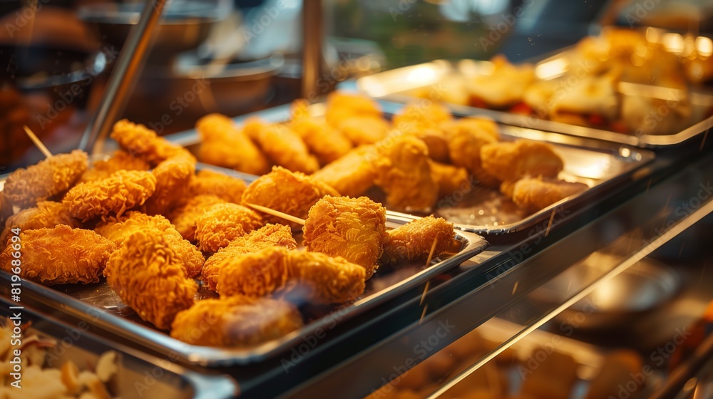 Fresh nuggets on metal trays in a glass display case in a cafe Fresh nuggets on metal trays in a glass display case in a cafe