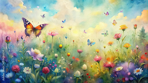 A vibrant watercolor painting of a bustling meadow filled with colorful butterflies, bees, and blooming flowers under a sunny sky #819686604