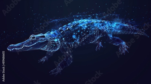 Crocodile. Low poly blue. Polygonal abstract illustration of animal. In the form of a starry sky or space. photo