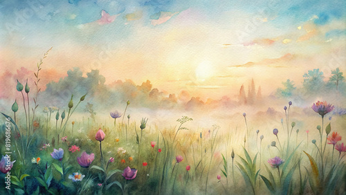 A serene watercolor painting capturing the beauty of a tranquil meadow at dawn, with delicate wildflowers swaying in the morning breeze