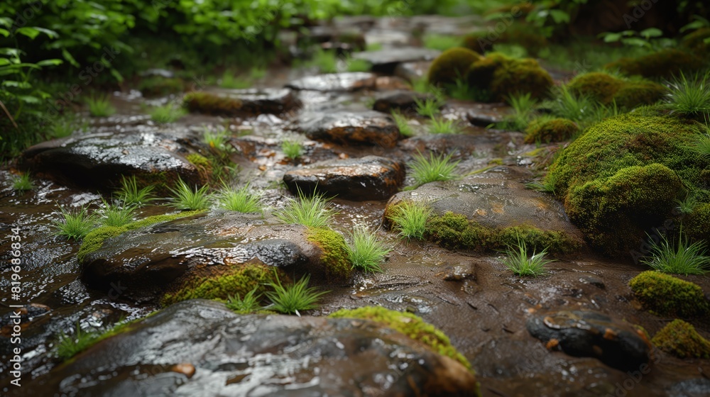 A close-up of a moist forest floor texture with moss-covered stones and patches of fresh green grass, creating a natural and immersive game environment. 32k, full ultra HD, high resolution A close-up of a moist forest floor texture with moss-covered stones and patches of fresh green grass, creating a natural and immersive game environment. 32k, full ultra HD, high resolution