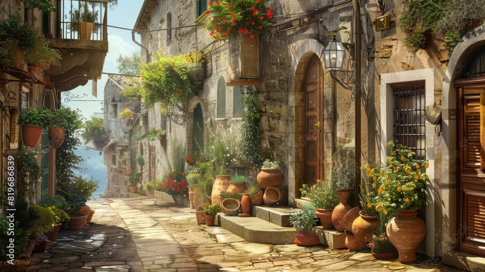 Charming Italian Village Street with Pottery Delights
