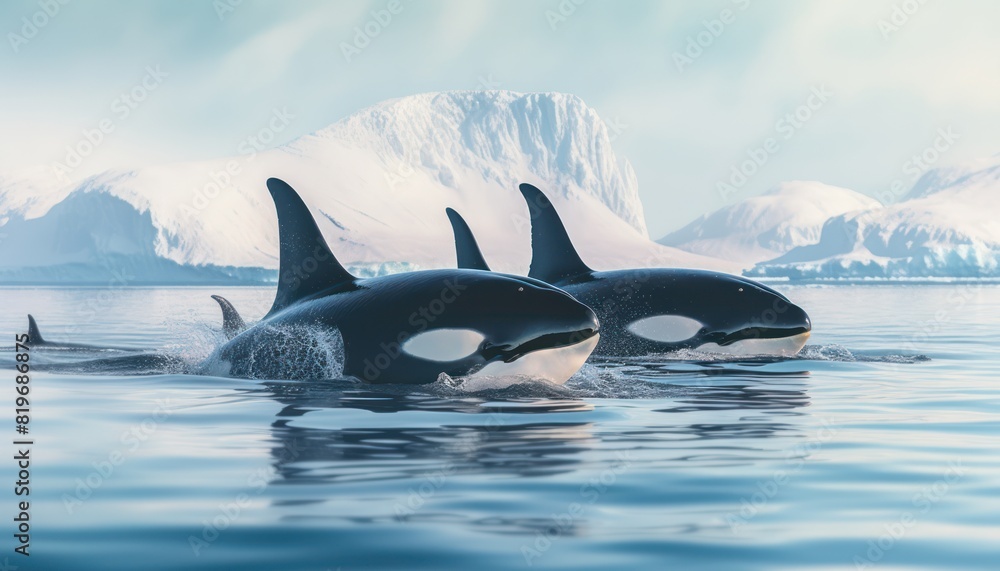 Fototapeta premium Groups of Orcas or killer whales swim and hunt for prey, the top of the food chain in a sea of ​​ice floes
