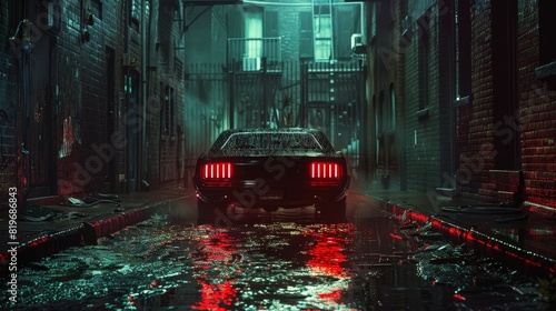 A car parked in a dark alleyway, with only its glowing neon undercarriage lights illuminating the scene, creating a sense of mystery