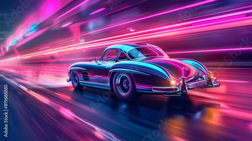 A chrome-plated hot rod cruising down a neon-lit highway, leaving a trail of vibrant light in its wake. © Atthasit