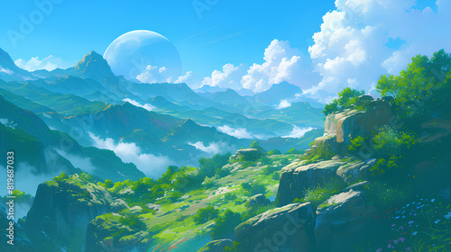 View of high mountains and fantasy moon