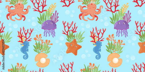 Children's background with sea animals seaweed and coral. Octopus, starfish and seahorse will be cute helpers for your creative projects. Vector banner invitation congratulations holiday banner kids