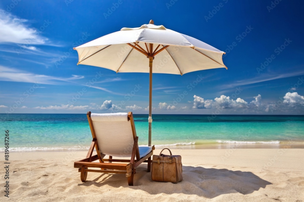 Beach chair with accessories under the big white parasol in front of the beatiful sea.