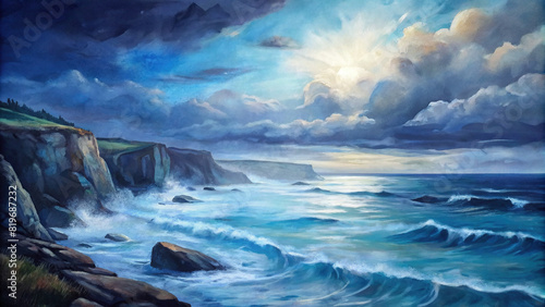 A tranquil coastal scene with waves crashing against rugged cliffs, under a dramatic sky painted in shades of blue and gray.