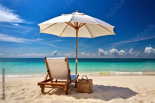Beach chair with accessories under the big white parasol in front of the beatiful sea. © ilyas