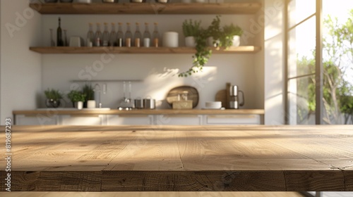 Minimalist wood table top against a soft-focus kitchen scene, offering a versatile mockup for product placement or design displays.