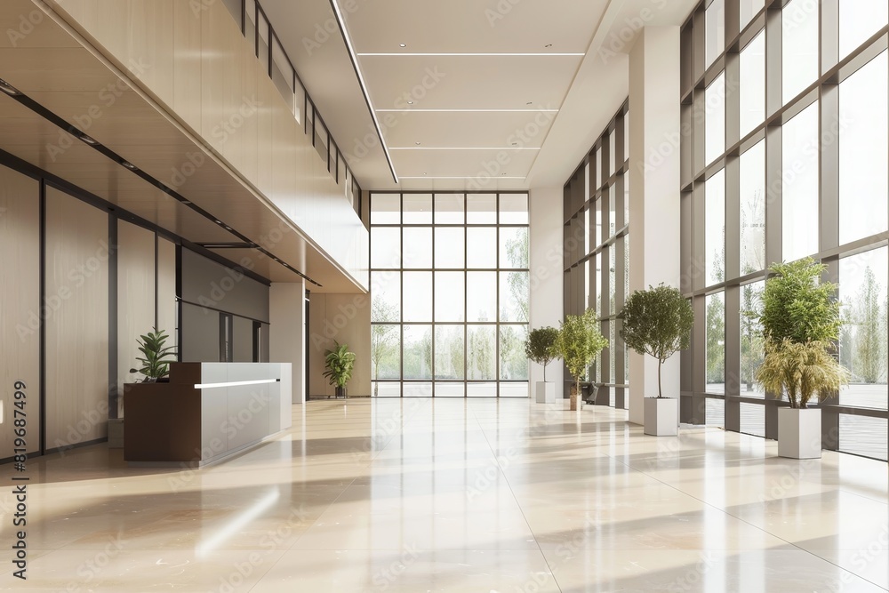 Modern spacious office hall with panoramic windows in natural bisque and brown tones Modern spacious office hall with panoramic windows in natural bisque and brown tones