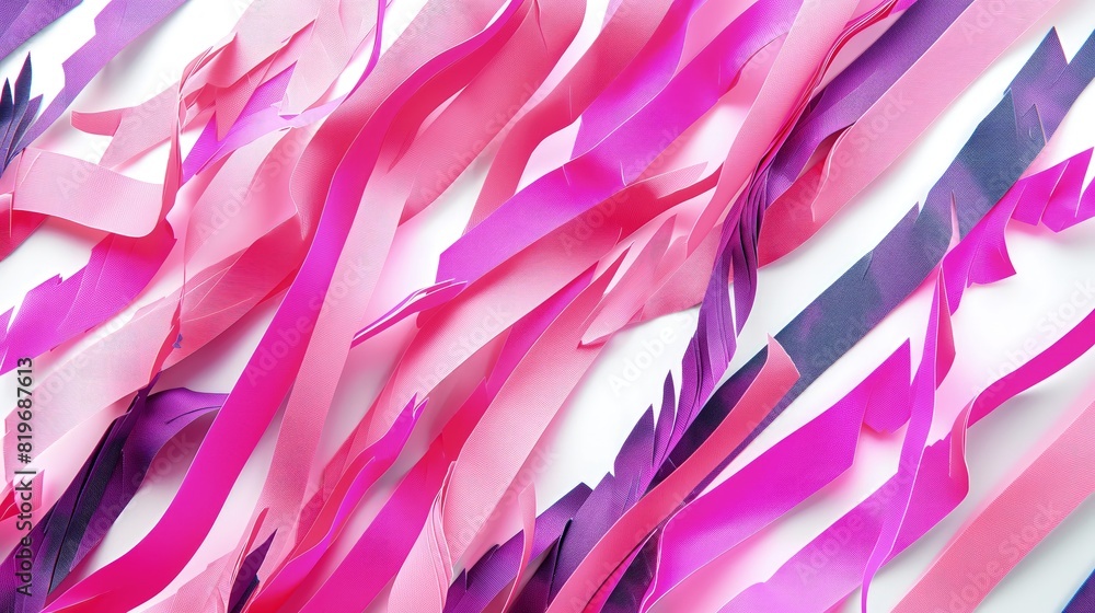Fototapeta premium A composition of brightly colored paper strips, including shades of pink and purple, all with dramatically torn edges, isolated on white. 32k, full ultra HD, high resolution